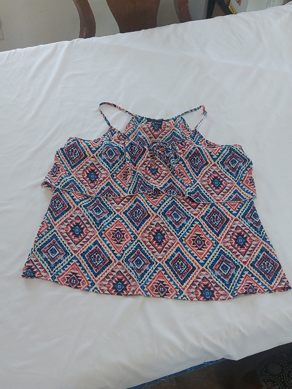 Forever 21 Blue and Orange Aztec Print Spaghetti Strap Ruffle Tank .Size SMALL